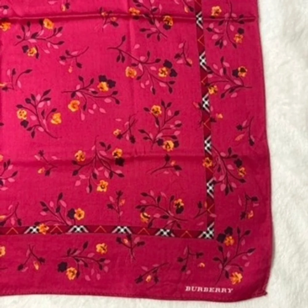 Vtg BURBERRY Scarf Handkerchief Floral Pink Orange Red 18.5